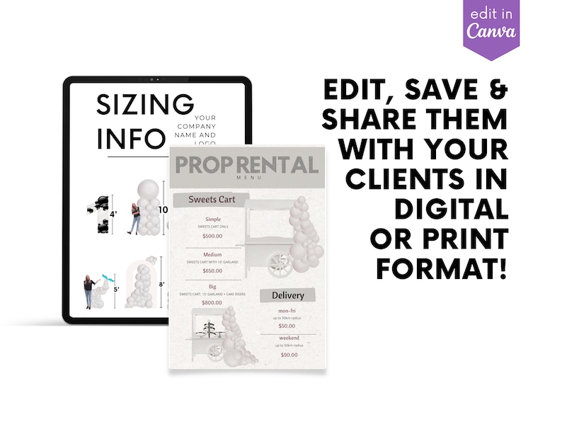 Preview of our premium Balloon Menu Collection Interactive digital balloon sizing info chart displayed on a tablet, from our event design software, ready to be customized in Canva and shared with clients in digital or print formats for event planning