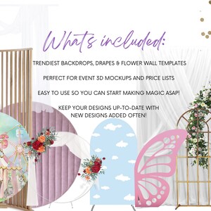 Preview of backdrop templates in action, displaying customizable metal frames and boxwood designs for event planners to create lifelike 3D event mockups