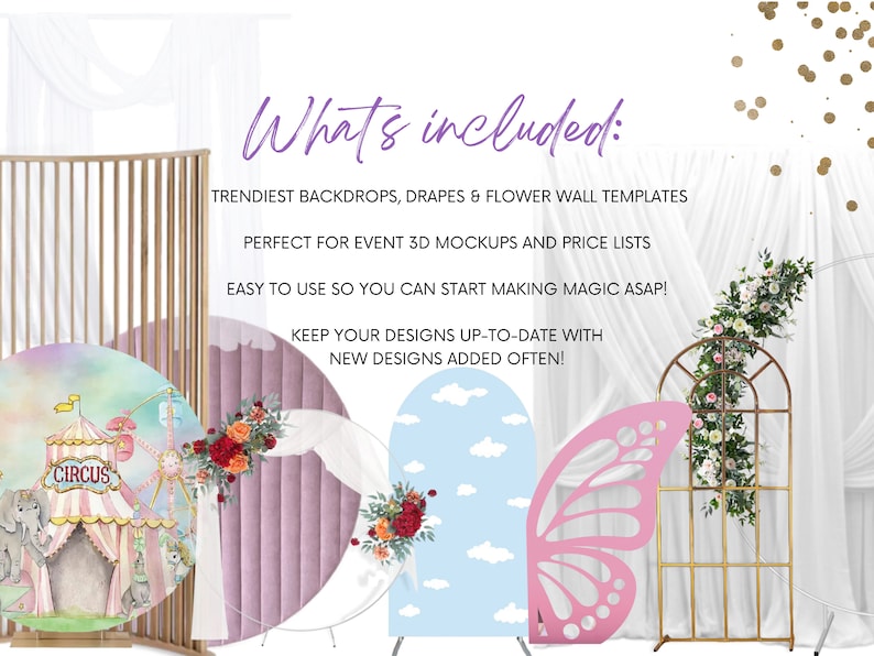 Preview of backdrop templates in action, displaying customizable metal frames and boxwood designs for event planners to create lifelike 3D event mockups