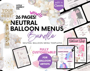 Customizable Neutral Balloon Menu: 23-Page Canva Template Bundle by Little Agency Co - Editable Price Lists & Garland Designs Boho