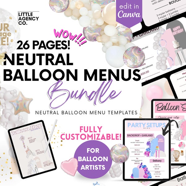 Customizable Neutral Balloon Menu: 23-Page Canva Template Bundle by Little Agency Co - Editable Price Lists & Garland Designs Boho