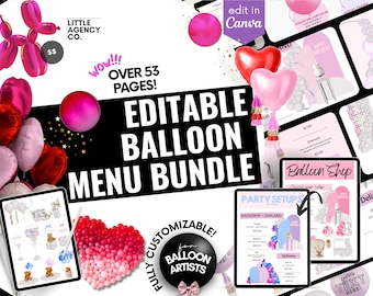 May include: Editable balloon menu bundle for party planners. The bundle includes over 53 pages of templates for balloon arches, garlands, backdrops, and delivery services. The templates are customizable and can be edited in Canva.