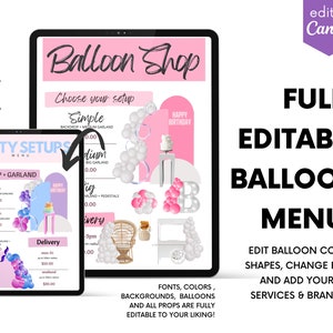 Fully editable balloon menus  offering customizable branding for party planning and balloon artists worldwide. Showcase your services with customizable menus edit balloon colors, shapes, fonts, and branding to align with your offerings.