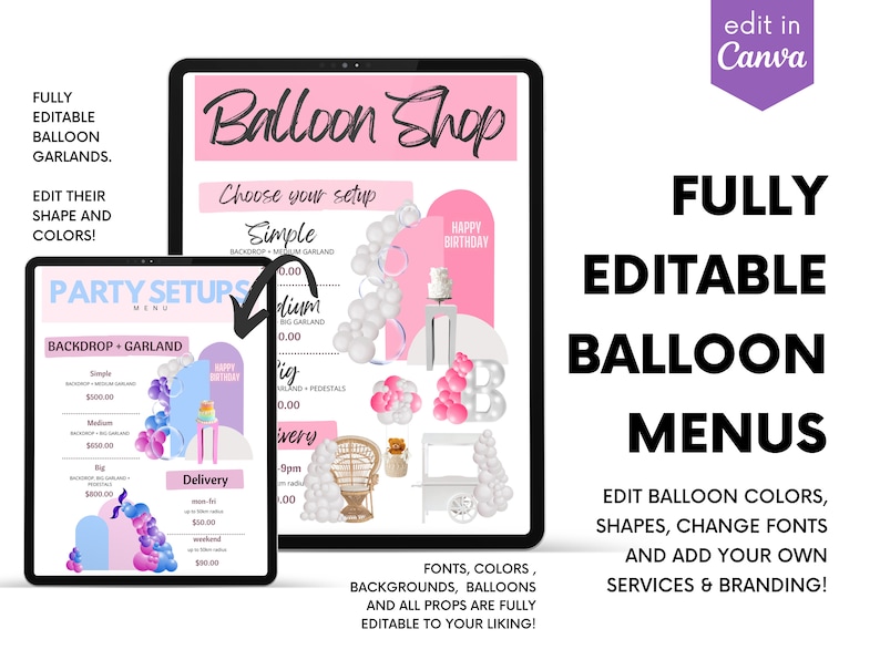 Fully editable balloon menus  offering customizable branding for party planning and balloon artists worldwide. Showcase your services with customizable menus edit balloon colors, shapes, fonts, and branding to align with your offerings.