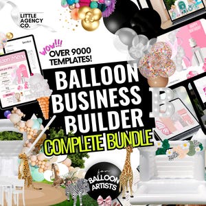 Könnte beinhalten: Ein digitales Produktpaket für Ballon-Künstler, mit über 9000 Vorlagen, einem weißen aufblasbaren Hüpfburg, einem Giraffen-Ballonbogen und einem weißen Schild mit dem Text "Balloon Business Builder Complete Bundle".