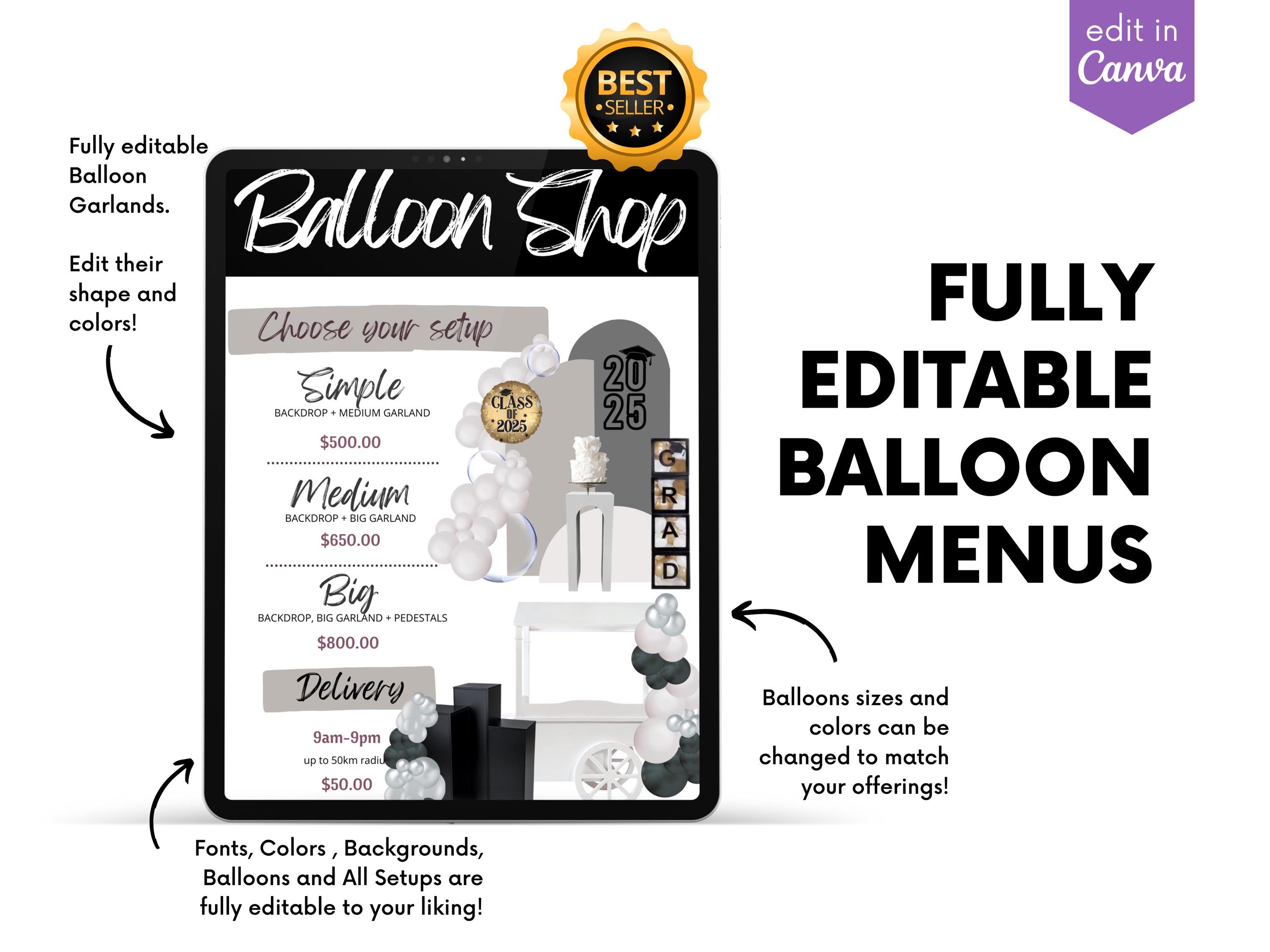 Grad Balloon Menu Prom & Grad Balloon Menu Template: Customizable Pricing Guide (canva ...