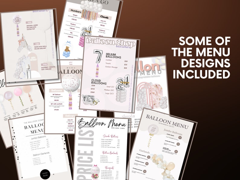 Fully editable balloon menus  offering customizable branding for party planning and balloon artists worldwide. Showcase your services with customizable menus edit balloon colors, shapes, fonts, and branding to align with your offerings.