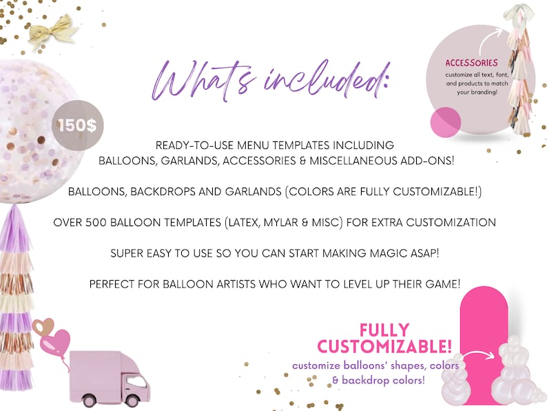 Fully editable balloon menus, a must-have for your event decoration app, offering customizable branding for party planning software and balloon art creator tools.