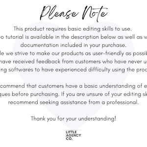 Important notice highlighting the necessity of basic editing skills or familiarity with Canva for utilizing our event planning suite's balloon menu templates and virtual event designs