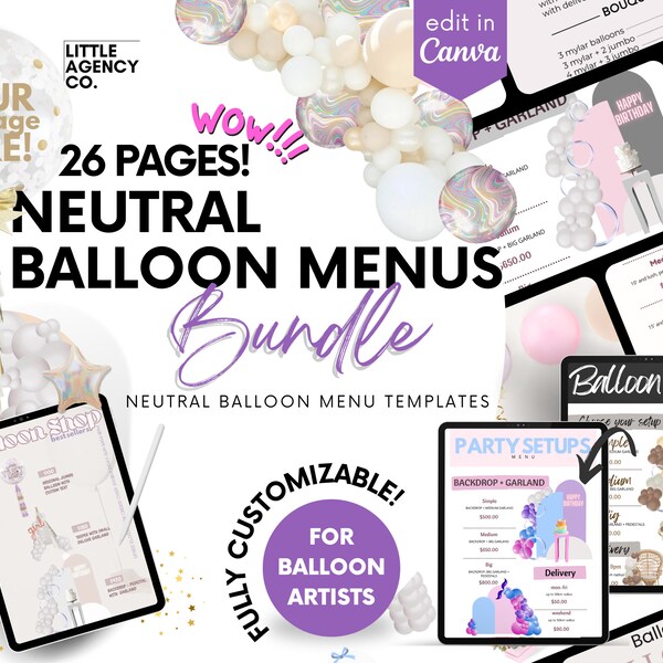 Customizable Neutral Balloon Menu: 23-Page Canva Template Bundle by Little Agency Co - Editable Price Lists & Garland Designs Boho
