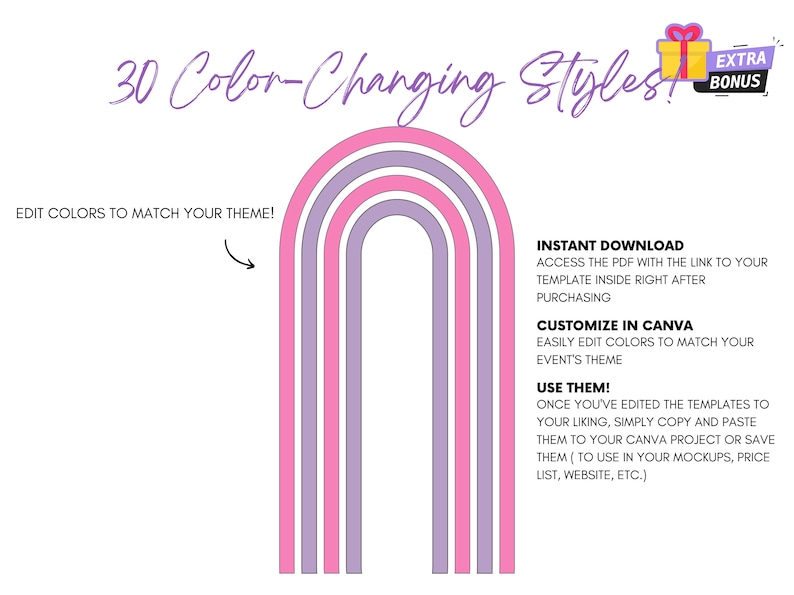 Infographic showcasing 30 color-changing Chiara backdrop designs, perfect for event planners to customize in Canva for unique party and event themes Designs for a versatile event planning toolkit