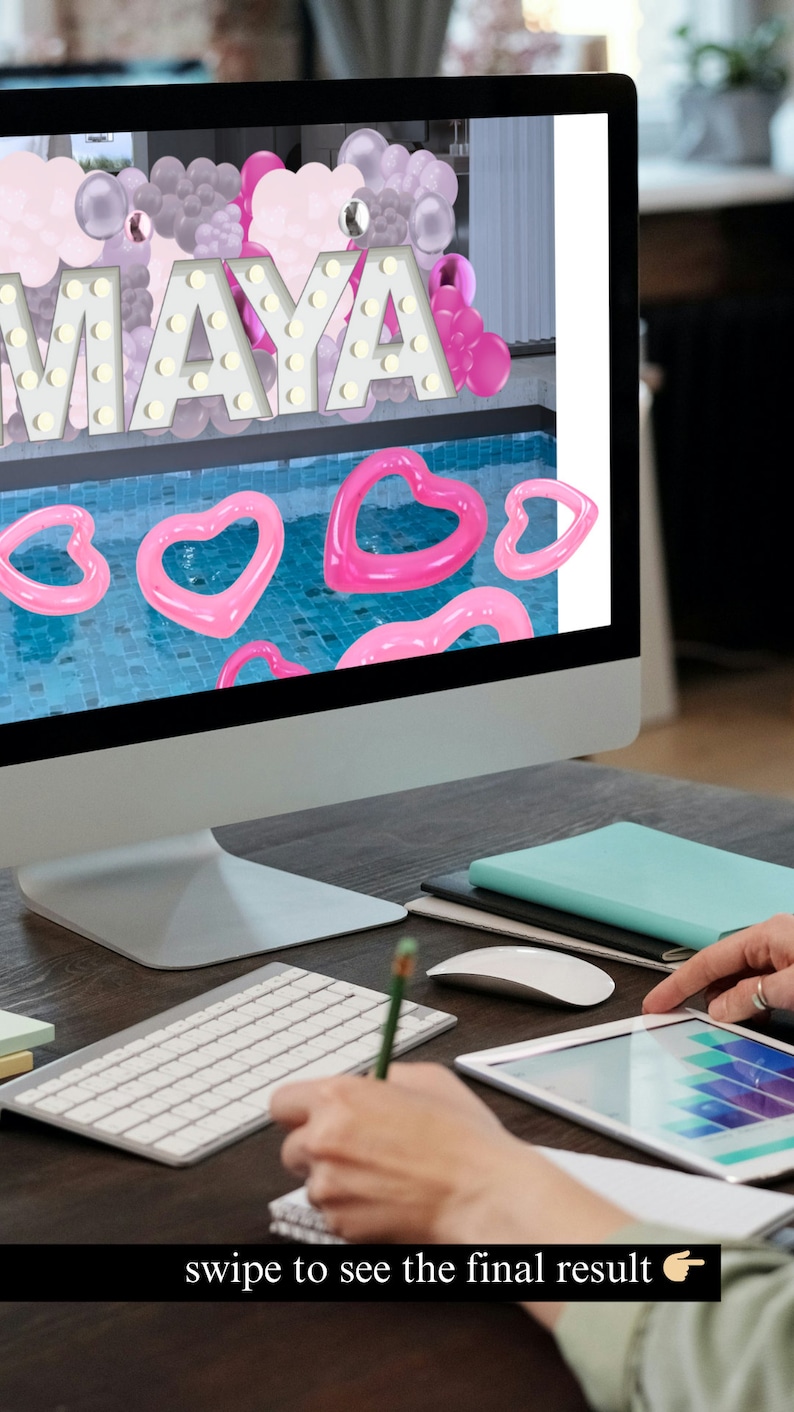 A balloon artist working on a mockup of a pink-themed indoor pool party event setup with large light-up marquee letters spelling "MAYA," a backdrop of pink and purple balloons, and heart-shaped pool floats in a pool