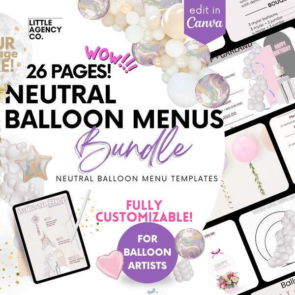 Customizable Neutral Balloon Menu: 23-Page Canva Template Bundle by Little Agency Co - Editable Price Lists & Garland Designs Boho