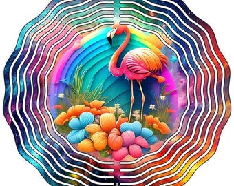 Cata-vento de metal colorido em formato de flamingo