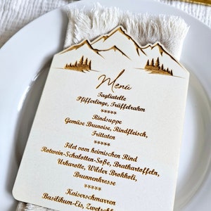 Menükarte Getränkekarte Speisekarte Lasergravur Holz Berge Hochzeit Tischdeko natur individuell