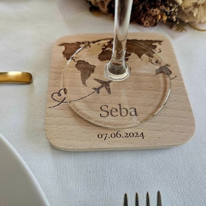 Gastgeschenk, Namensschilder, Tischkarten, Untersetzer massiv, Platzkarten für Hochzeit, Tischdeko Hochzeit Reisen, personalisiert
