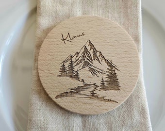 Gastgeschenk, Namensschilder, Tischkarten, Untersetzer massiv, Platzkarten für Hochzeit, Tischdeko Hochzeit Berge, personalisiert