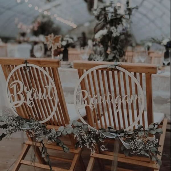 Hochzeitsschild, Stuhlschild, Stuhlschilder, Stuhlgirlande Braut Bräutigam Holz Set 2 Stück