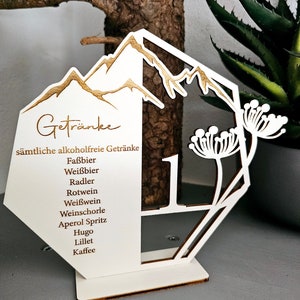 Tischname Tischnummer Getränkekarte 2in1 Berge Hochzeit Holz Acryl Rustikal