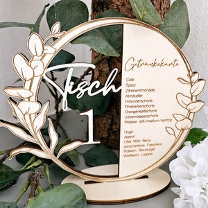 Tischname Tischnummer Getränkekarte 2in1 Eukalyptus Hochzeit Holz Acryl Rustikal