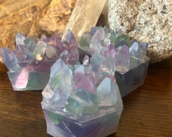 Crystal Cluster Soap Bar- Decorative Soap, Hand carved Crystals, Made-To-Order, Jasmine/lavender Scent, Clear Soap Base, Gifts For Her