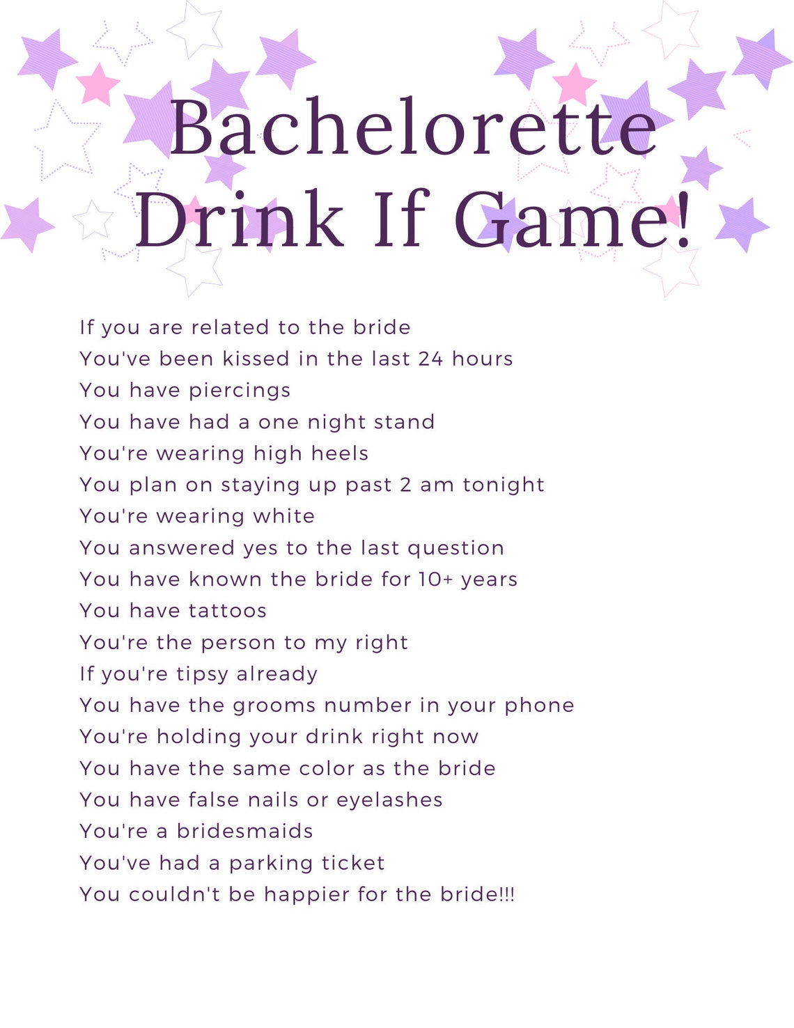 Drink If You Ever Have Bachelorette Party Game (Instant Download) - Etsy