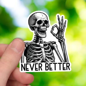May include: A black and white sticker featuring a detailed illustration of a skeleton giving the 'okay' hand gesture. The text "NEVER BETTER" is printed in bold, white letters at the bottom of the sticker. The sticker is held against a blurred green background.
