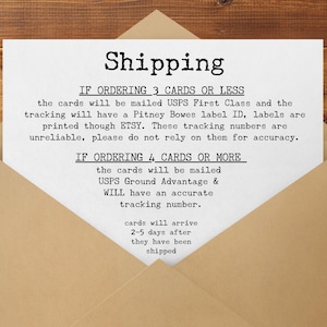 May include: A white card with the word "Shipping" in bold, black text, inside a brown envelope. The card details shipping information, including USPS services and tracking details for orders of varying sizes.