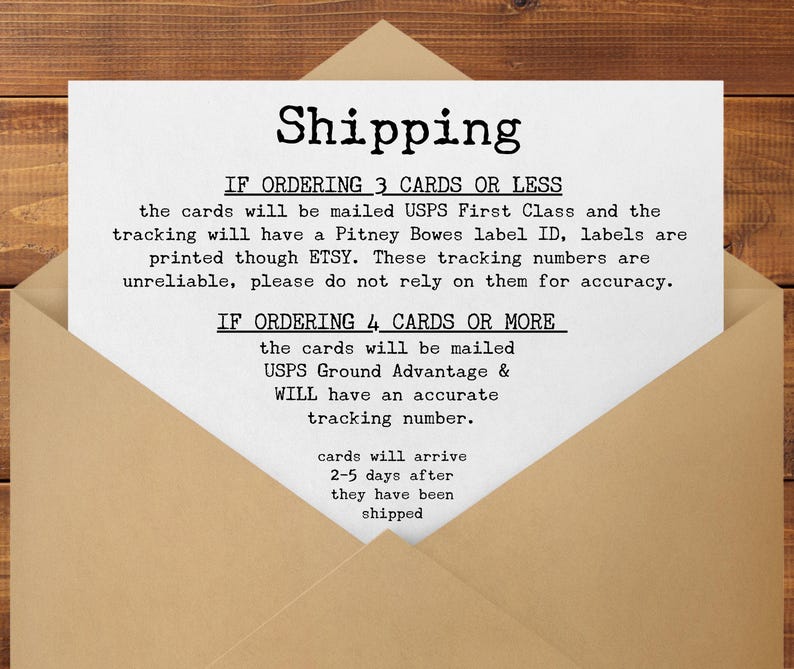 May include: A white card with the word "Shipping" in bold, black text, inside a brown envelope. The card details shipping information, including USPS services and tracking details for orders of varying sizes.