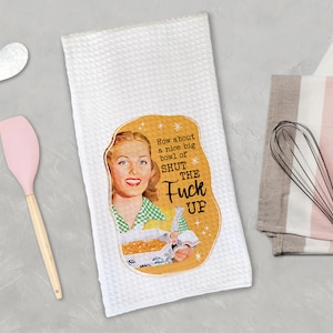 Funny Kitchen Towel, Retro 1950s Housewife Waffle Towels, Snarky Microfiber Dish Towel, Kitchen Decor, Mother's Day Gift Bowl of STFU