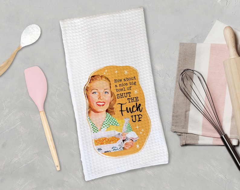 Funny Kitchen Towel, Retro 1950s Housewife Waffle Towels, Snarky Microfiber Dish Towel, Kitchen Decor, Mother's Day Gift Bowl of STFU
