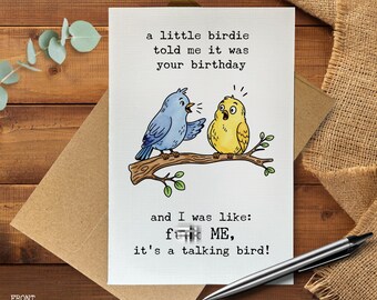Funny Adult Birthday Card, Talking Bird Joke Card, Rude Birthday Card for Friend, Sweary Birthday Card