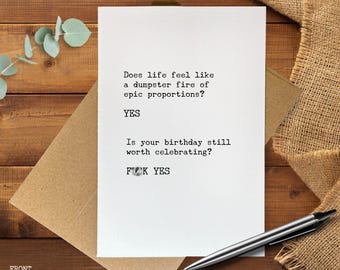 Funny Birthday Card for Friends, Sarcastic Birthday Card with Profanity, Adult Humor Birthday Card, Dumpster Fire Birthday Card