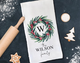 Personalized Christmas Towel, Monogram Family Name Tea towel, Custom Holiday Kitchen Decor, Christmas Hostess Gift, Farmhouse Kitchen Towel