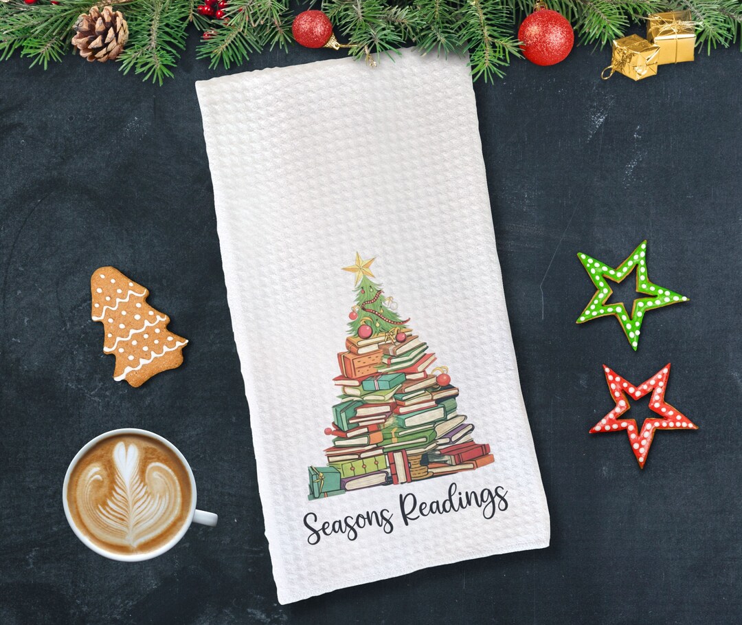 Christmas Book Tree Dish Towel, Book Lover Christmas Towel, Book Club
