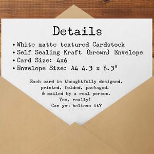 May include: A white card with the word "Details" in bold black font is inside a brown envelope. The card lists details about the product, including cardstock, envelope type, and sizes: 4x6 inches and A4 4.3 x 6.3 inches.