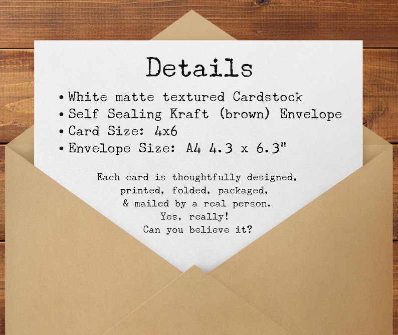 May include: A white card with the word "Details" in bold black font is inside a brown envelope. The card lists details about the product, including cardstock, envelope type, and sizes: 4x6 inches and A4 4.3 x 6.3 inches.