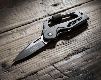 Personalized Camping Multi Tool Carabiner with Folding Utility Knife, Custom Engraved Outdoor Hiking Gift for Men,
