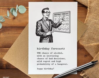 Funny birthday card, birthday forecast card, alcohol birthday card, hangover card, adult humor card, bad decisions card