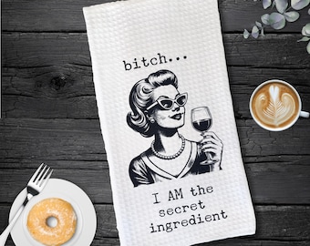 Funny Kitchen Towel, Retro 50s Woman, Bitch… I AM the Secret Ingredient, Humorous Cooking & Hostess Gift Funny, Sarcastic Gift