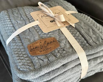 Personalized Cable Knit Sherpa Blanket with Custom Leather Patch, Cozy Throw, Wedding Anniversary Gift, Christmas Present, Valentines Day