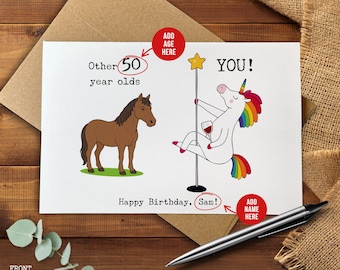 Personalized Age Birthday Card, Unicorn Pole Dancer Card, Funny Custom Name Milestone Birthday Greeting for Friends, Funny Birthday Card