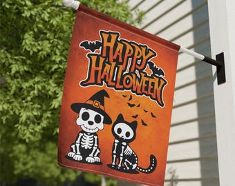 Halloween Garden Flag, Cute Skeleton Dog Cat Flag, Happy Halloween Yard Decor, Spooky Fall Outdoor House Flag