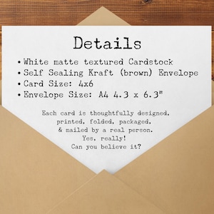 May include: A white card with the word "Details" in a typewriter font is inside a brown envelope. The card lists details about the product, including cardstock, envelope type, and sizes of 4x6 inches and A4 4.3 x 6.3 inches.