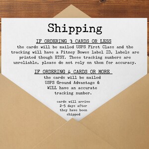 May include: A white card with the word "Shipping" in bold, black letters is inside a brown envelope. The card contains text about shipping details, including USPS First Class and Ground Advantage.