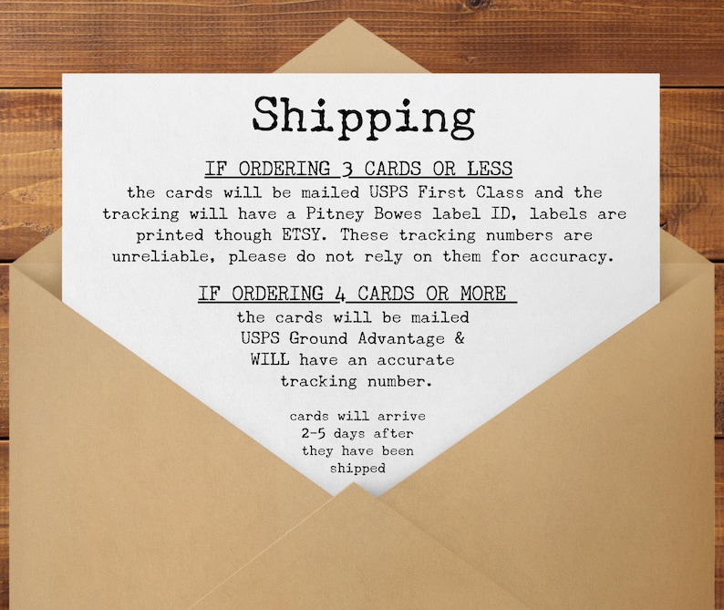 May include: A white card with the word "Shipping" in bold, black letters is inside a brown envelope. The card contains text about shipping details, including USPS First Class and Ground Advantage.