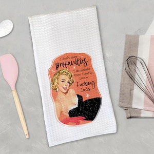 Funny Kitchen Towel, Retro 1950s Housewife Waffle Towels, Snarky Microfiber Dish Towel, Kitchen Decor, Mother's Day Gift Spew Profanities