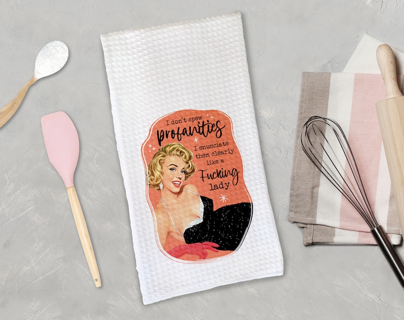 Funny Kitchen Towel, Retro 1950s Housewife Waffle Towels, Snarky Microfiber Dish Towel, Kitchen Decor, Mother's Day Gift Spew Profanities