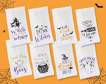 Halloween Towels, Funny Drinking Dish Towel, Gift for Her, Party Gift, Halloween Decor, Holiday Kitchen Towel, Waffle Towel, Tea Towel Gift
