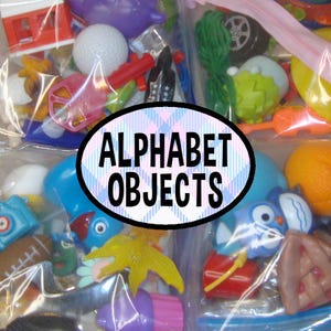 May include: A collection of assorted miniature plastic toys and objects stored in clear plastic bags, featuring a central oval label with a blue and white plaid background and the black text ALPHABET OBJECTS printed in the center.